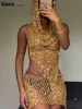 Weird Puss Sequins Women 2piece Set Sexy See Through Irregular Backless Hooded Tank Tops+Peach Hip Skirts Midnight Clubwear Suit 1