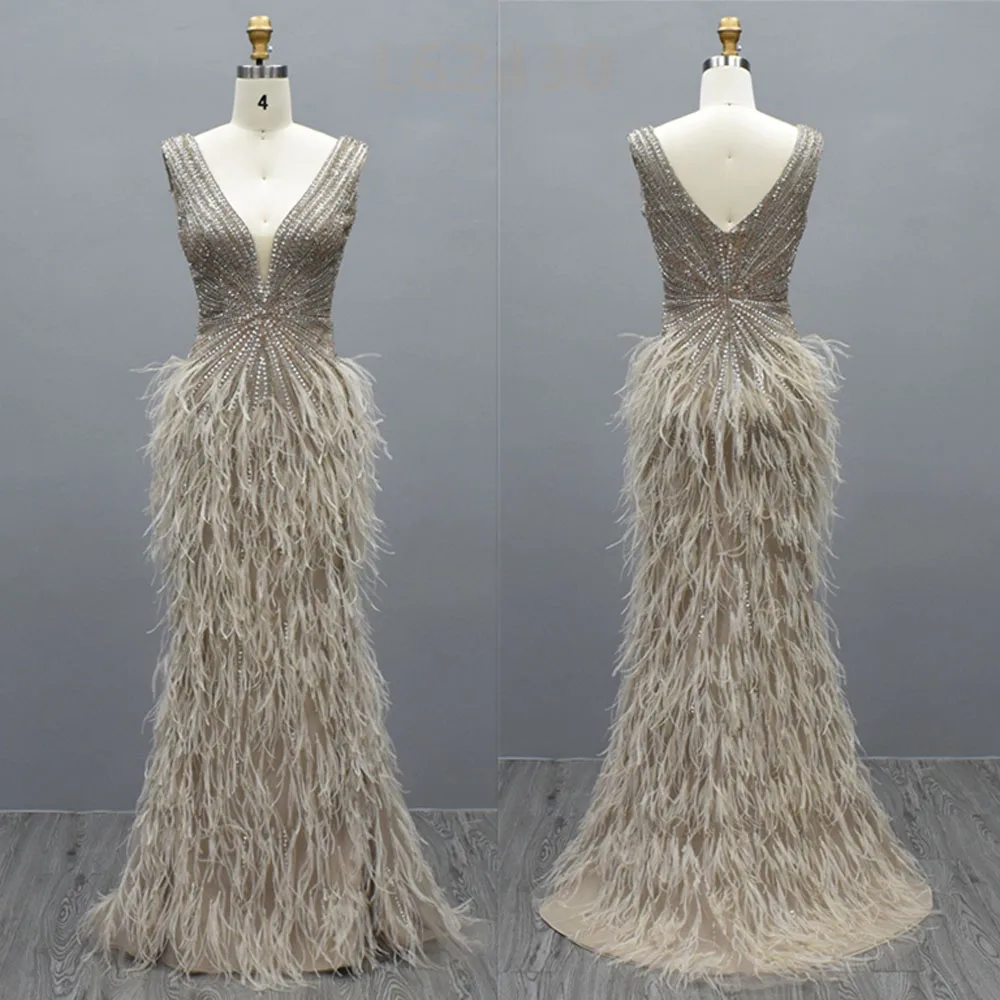 

2023 Luxury Dubai Sexy V Neck Sequined Evening Dresses Women Elegant Prom Gowns Feathers Beading Wedding Formal Party Vestidos