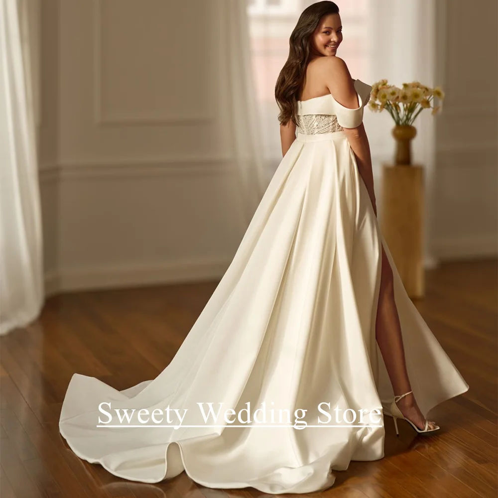 Plus Size Wedding Dress Vestido De Noiva Customized Off The Shoulder Sweetheart Beading Pearls A Line Satin Bridal Gown