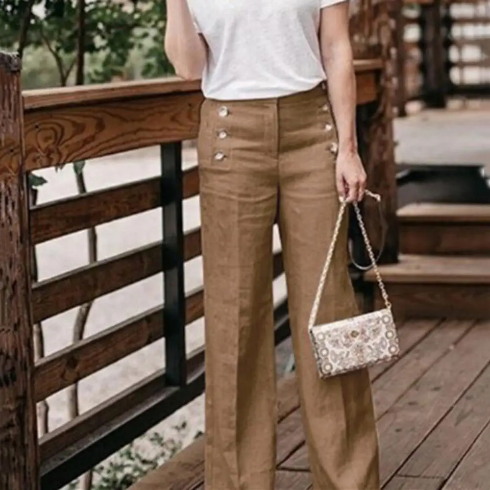 Pants Wide Leg Solid Color Trousers Cotton Women Button High Waist Long Buttons Linen Trousers