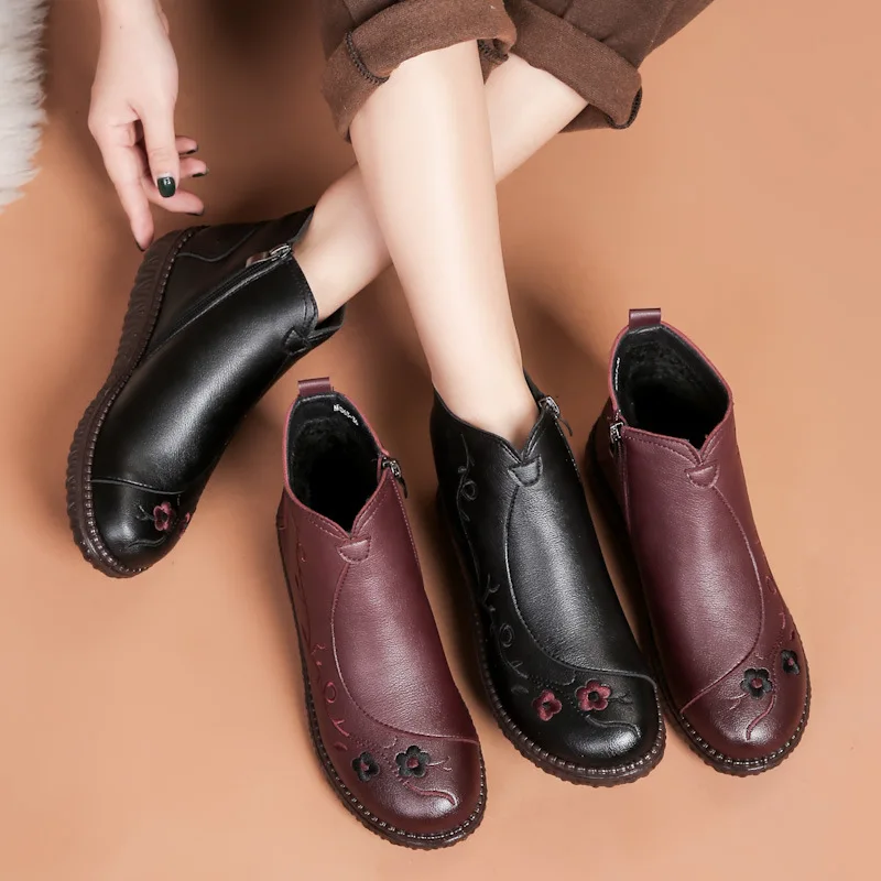 Winter Fashion Genuine Leather Women Ankle Boots Female Thick Plush Warm Snow Boots Female Casual Lightweight Cotton Boots