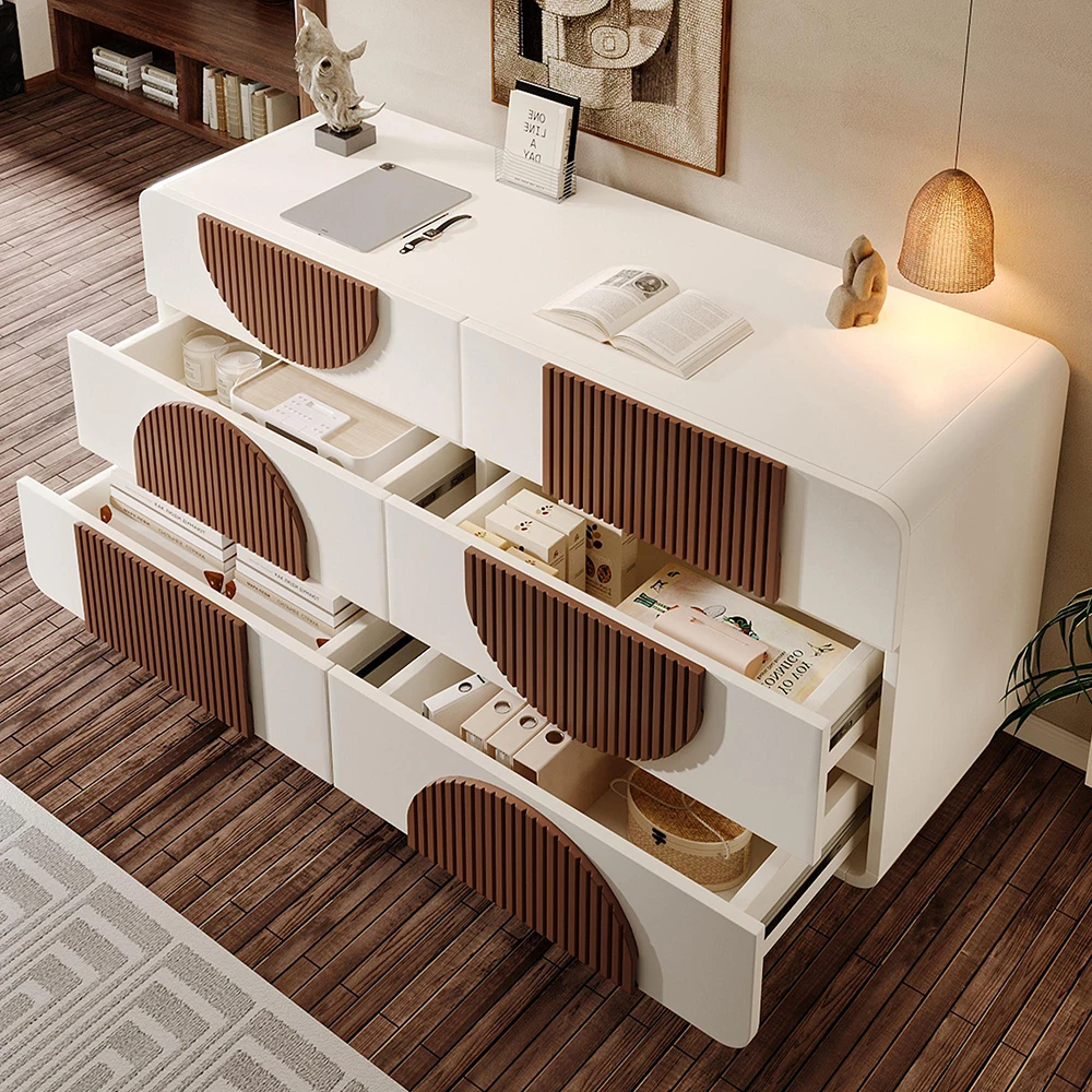 KOMHTOM Kommode Sideboard mit 6 Schubladen Weiß - Geschwungenes Design, Leise Schiebe-Schubladen & Kippsicherung – Detail 3