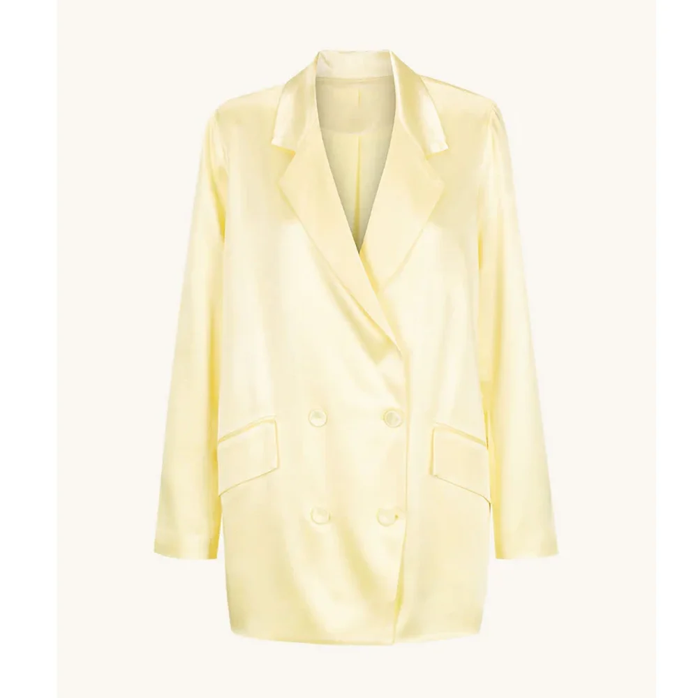 Fashion Yellow Satin Women Pants Sets Chic Notch Lapel Double Breasted Wear Elegant Basic Daily Casual Female Suit Two Piece women suit set