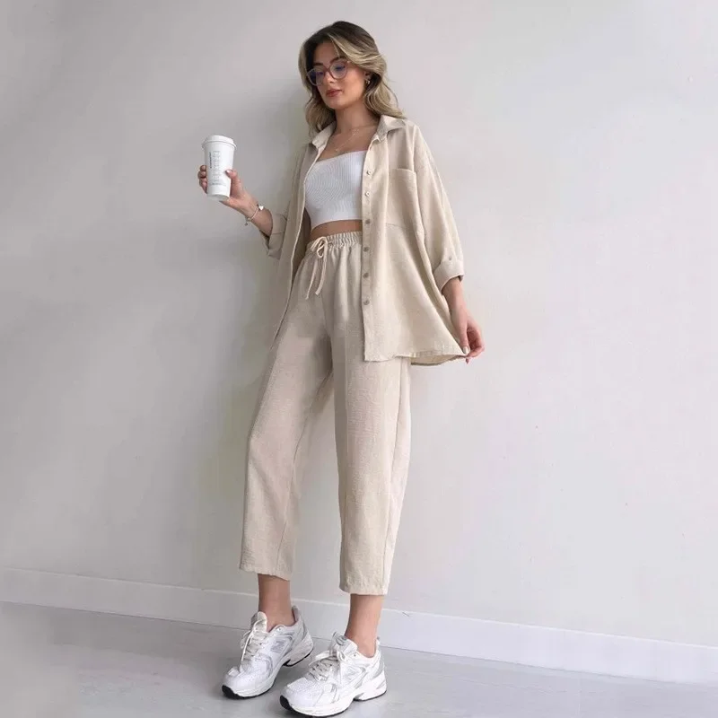 Oversized Women's Autumn and Winter Casual Loose Fitting Shirt Jacket Sports Harlan Pants Two Piece Set