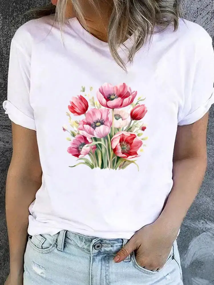 Flower Sweet Trend Cute 90s T-shirt Ladies Fashion Basic Women Graphic Short Sleeve Clothing Tee Top Clothes Print T Shirt