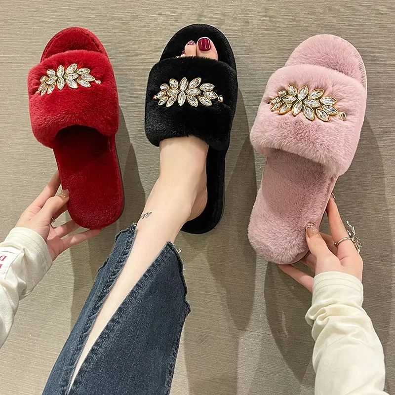 Fur Slippers Women Fashion Winter Fur Slides for Woman Rhinestone Sandals Fluffy Female Shoes Home Indoor Diamond Shoes