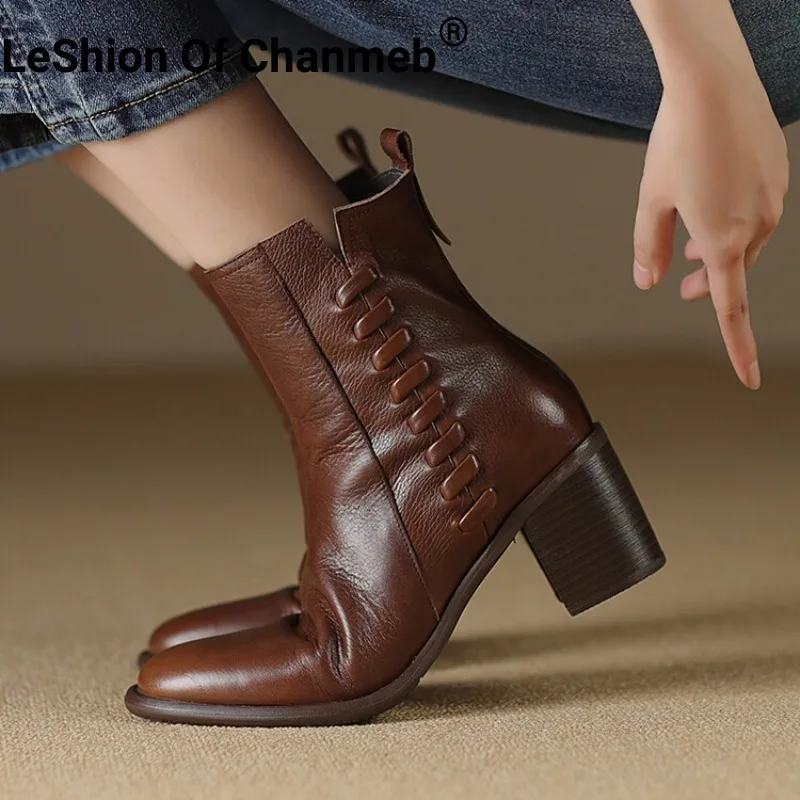 

LeShion Of Chanmeb Women's Real Leather Boots Handmade High Quality Chunky Heel Zipper Boots Woman Round Toe Shoes Mature Winter
