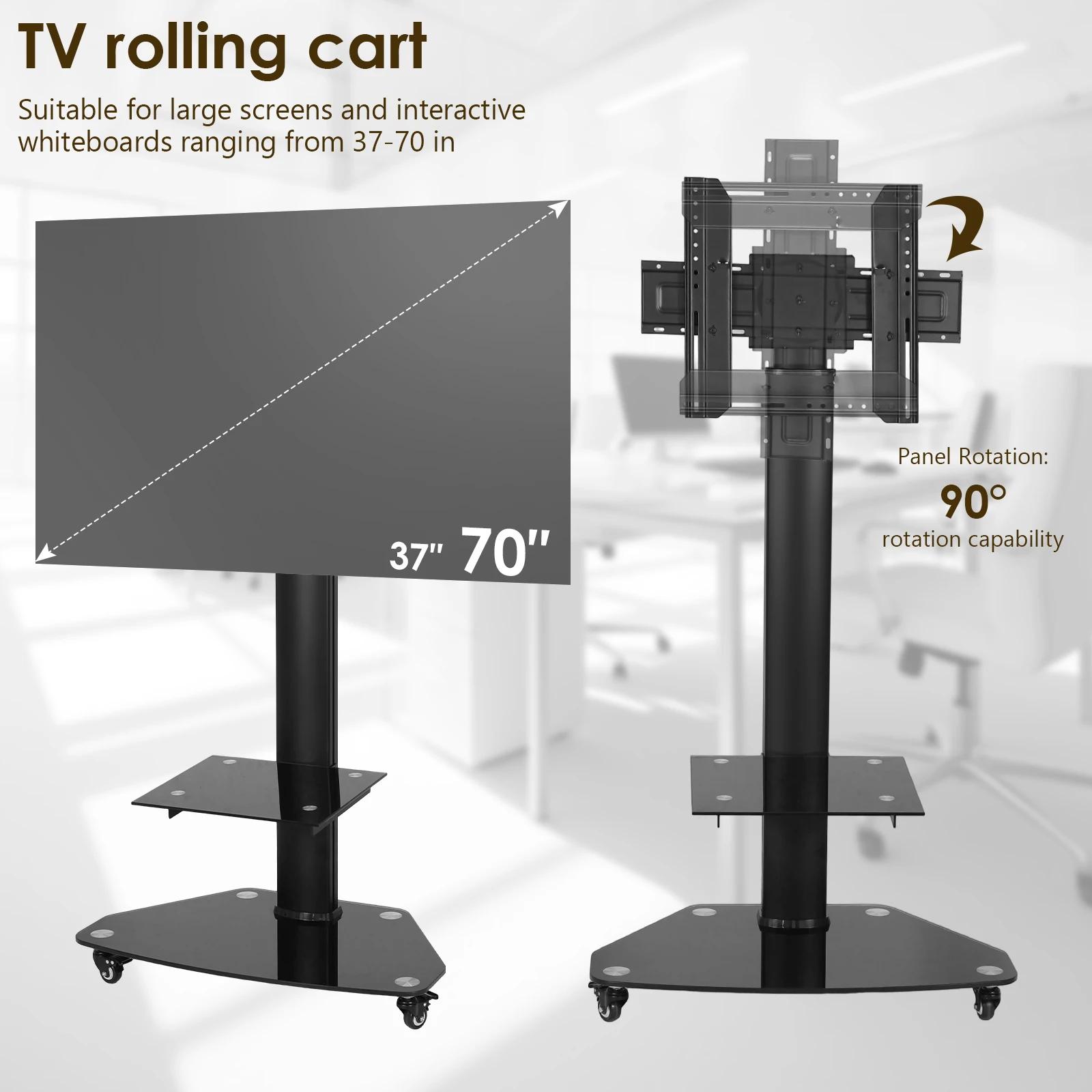Rolling TV Moving Stand on Wheels Height Adjustable Floor Trolley Stand with Shelf Portable Mobile TV Cart for 37-70 Inch Screen
