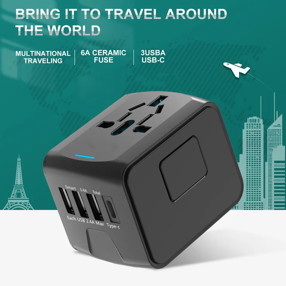 Universal International Travel Power Adapter -3 USB and 1 Type C in One Travel Charger with UK/US/AUS/EU Plugs and Socket(Black)