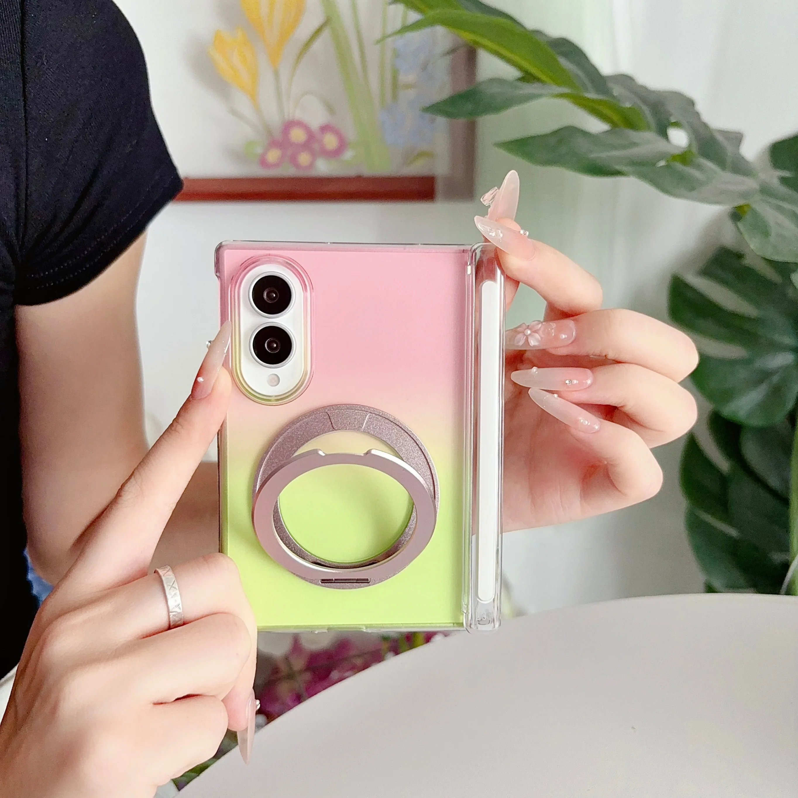 Stylish Gradient Acrylic Case with Built-in Magnetic 360° Rotating Stand and Wireless Charging Compatibility