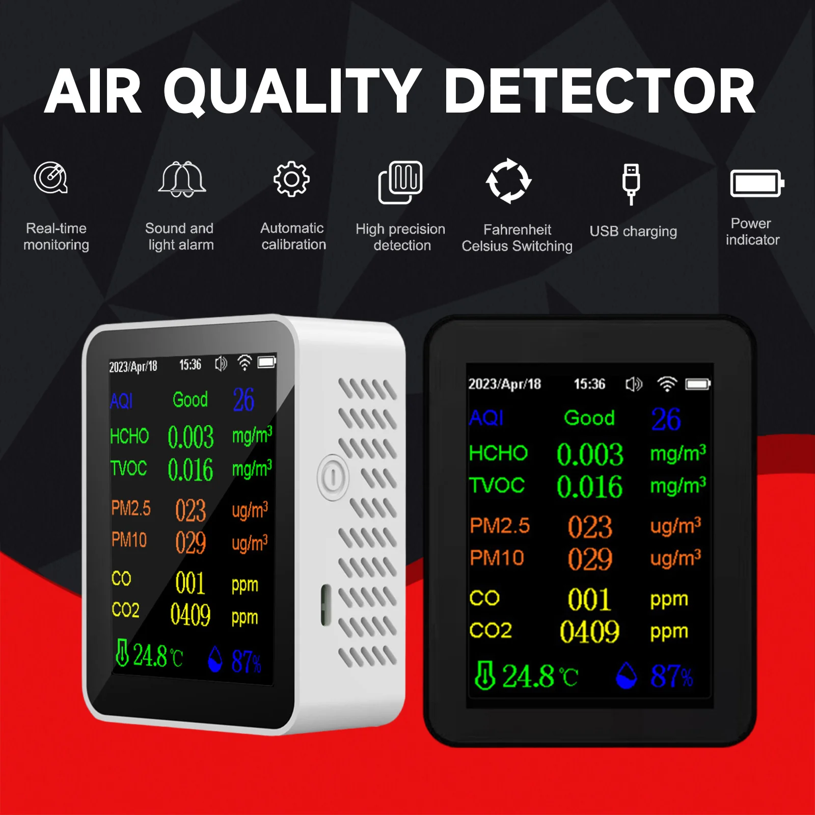

CO2 Meter Air Quality Detector CO2 Tester Carbon Dioxide PM2.5 TVOC HCHO Value Electricity Quantity Temperature Humidity Tester