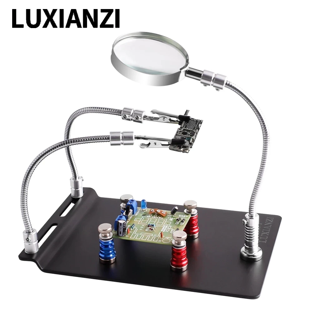 LUXIANZI Soldering Helping Hand PCB Board Fixing Clip With Magnetic Base 3XMagnifier Flexible Arm Third Hand Welding Repair Tool