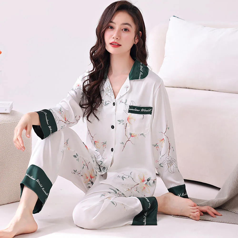 M-3XL High-quality Silk-like Women's Pajamas Sets Japanese Style Print Sleepwear Spring Autumn Cool Thin Smooth Pyjama Femme