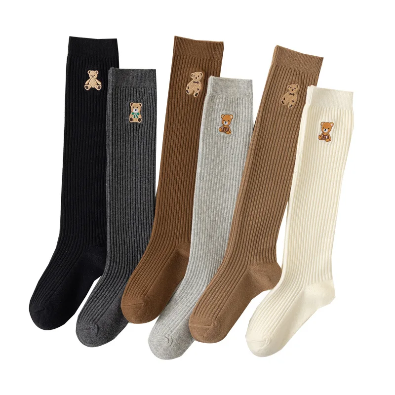 Cotton Knee High Socks for Kids Girls 1-8Y with Bear Embroidery