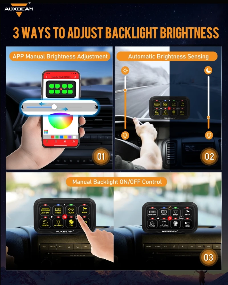 AUXBEAM AR-820 RGB 8 Gangs Switch Panel Built-in bluetooth APP Control Memory Function LEDs Electronic On-Off Switch Panel