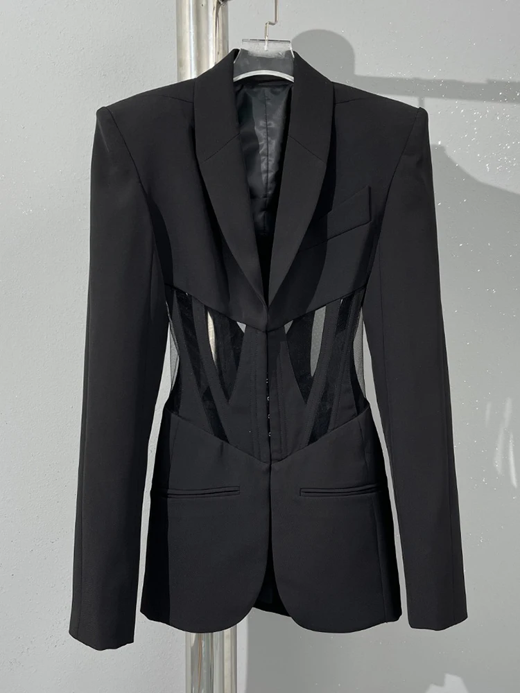 CHICEVER Spliced Sheer Mesh Blazers For Women Notched Collar Long Sleeve Tunic Patchwork Pockets Slim Solid Spring Blazer Female