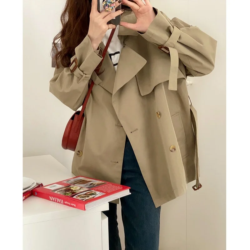 England Style Short Trench with Belt Women Fashion Lapel Double Breasted Blazers Spring Autumn Solid Colors Lapel Chic Thin Coat women buttonless solid colors blazers 2023 spring autumn new fashion office lady commute blazer plus size casual indie suits