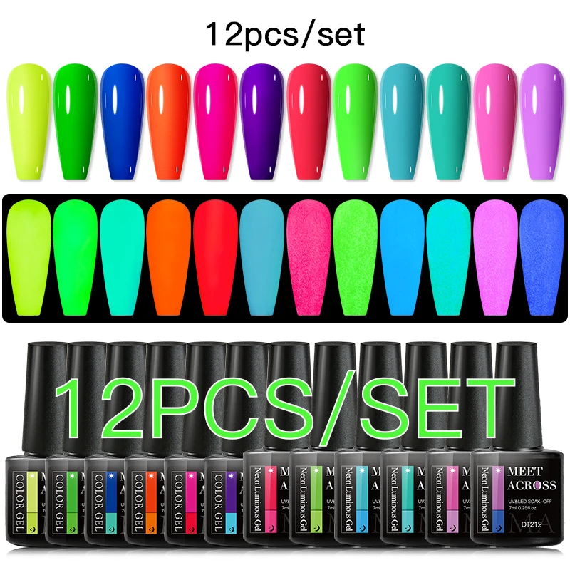 

MEET ACROSS 12PCS/Set Fluorescent Glow In Dark Gel Nail Polish Summer Neon Semi Permanent UV Gel Nail Art Varnish Manicure Kit