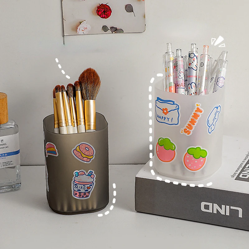 

Transparent Frosted Pen Holder Desk Organizer Students Supplies Plastic Square Pencil Holders Gifts Stationery with Cute Sticker