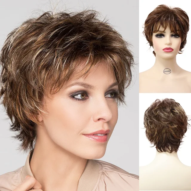 GNIMEGIL Synthetic Wig for Woman Short Brown Curly Wig with Bangs Fluffy Layered Hairstyle Female Natural Wig Lady Mommy Wig 746