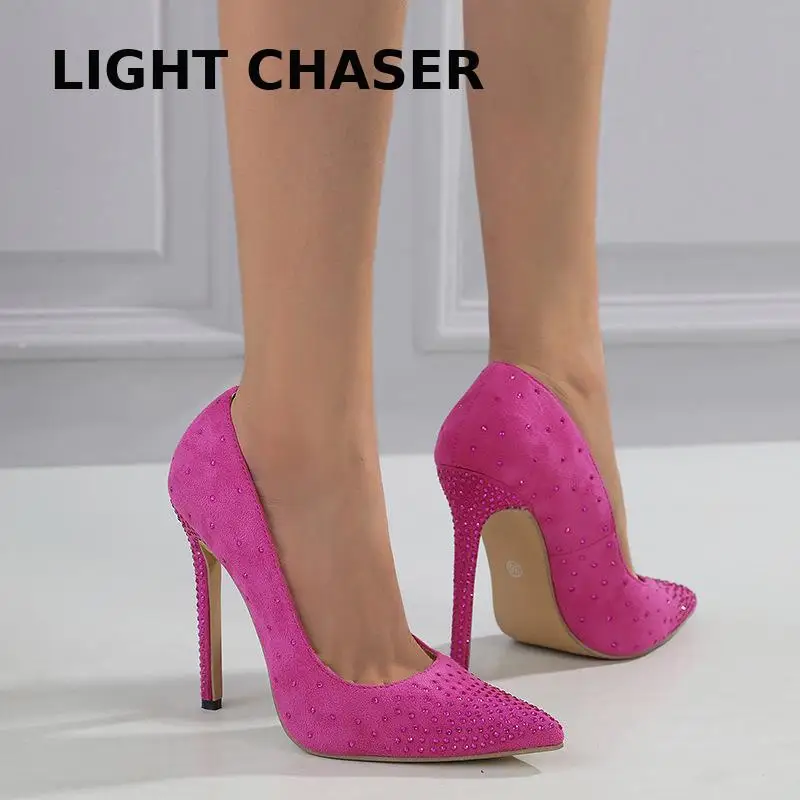 

Big Size 35-42 Rhinestone women's shoes concise flock high heels women pumps pointed toe classic ladies wedding shoes office