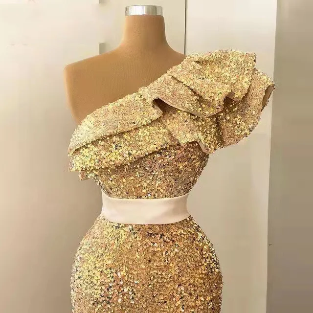 evening gowns with sleeves Pink/Gold One Shoulder Sequin Formal Evening Dresses 2022 Ruffles Mermaid Prom Party Gown Robe Soiree Vestido De Festa long evening gowns Evening Dresses