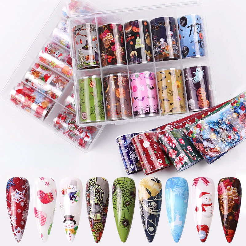 

10 Rolls/box Christmas Halloween Starry Paper Nail Transfer Foils Holiday Set Sticker Decal Wraps DIY Xmas Nail Art Decorations