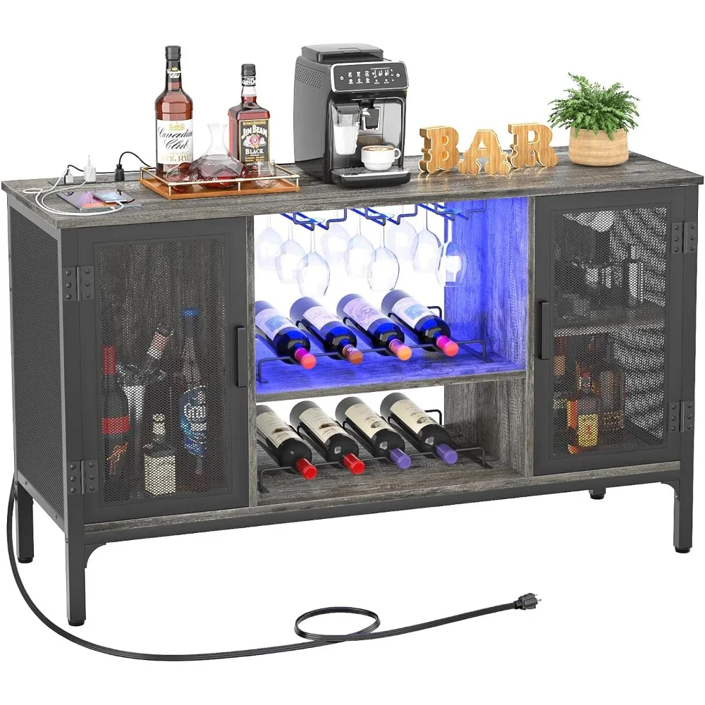 

Homieasy Wine Bar Cabinet with Led Lights and Power Outlets, Industrial Coffee Bar Cabinet for Liquor and Glasses, Farmhouse Bar