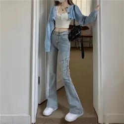 Woman Pants Gyaru Trousers Flare Womens Jeans Streetwear Skinny Bell Bottom with Pockets Slim Fit Flared Korean Style Summer 90s