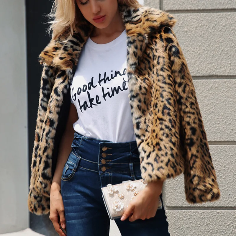 Autumn and Winter New Women's Fur Coat Leopard Short Top Artificial Fur Thick Warm Cardigan Casual Women's Wear