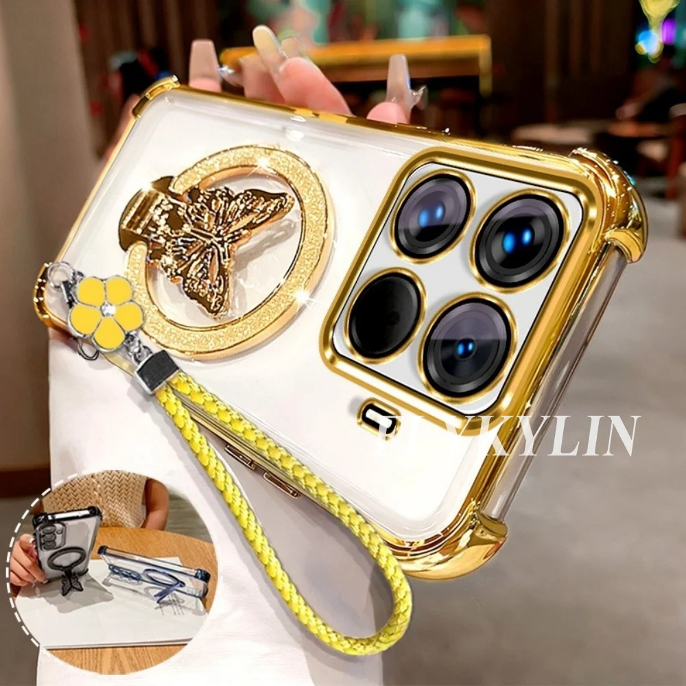 Transparent Soft Shell with Butterfly Bracket and Four Leaf Clover Hand Rope
