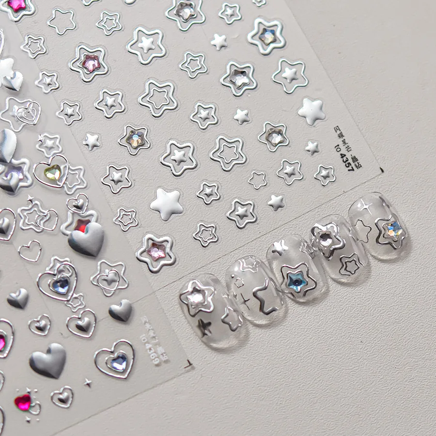 5D color crystal star nail stickers love shiny silver hollow smear rainbow flower jelly design 1 piece