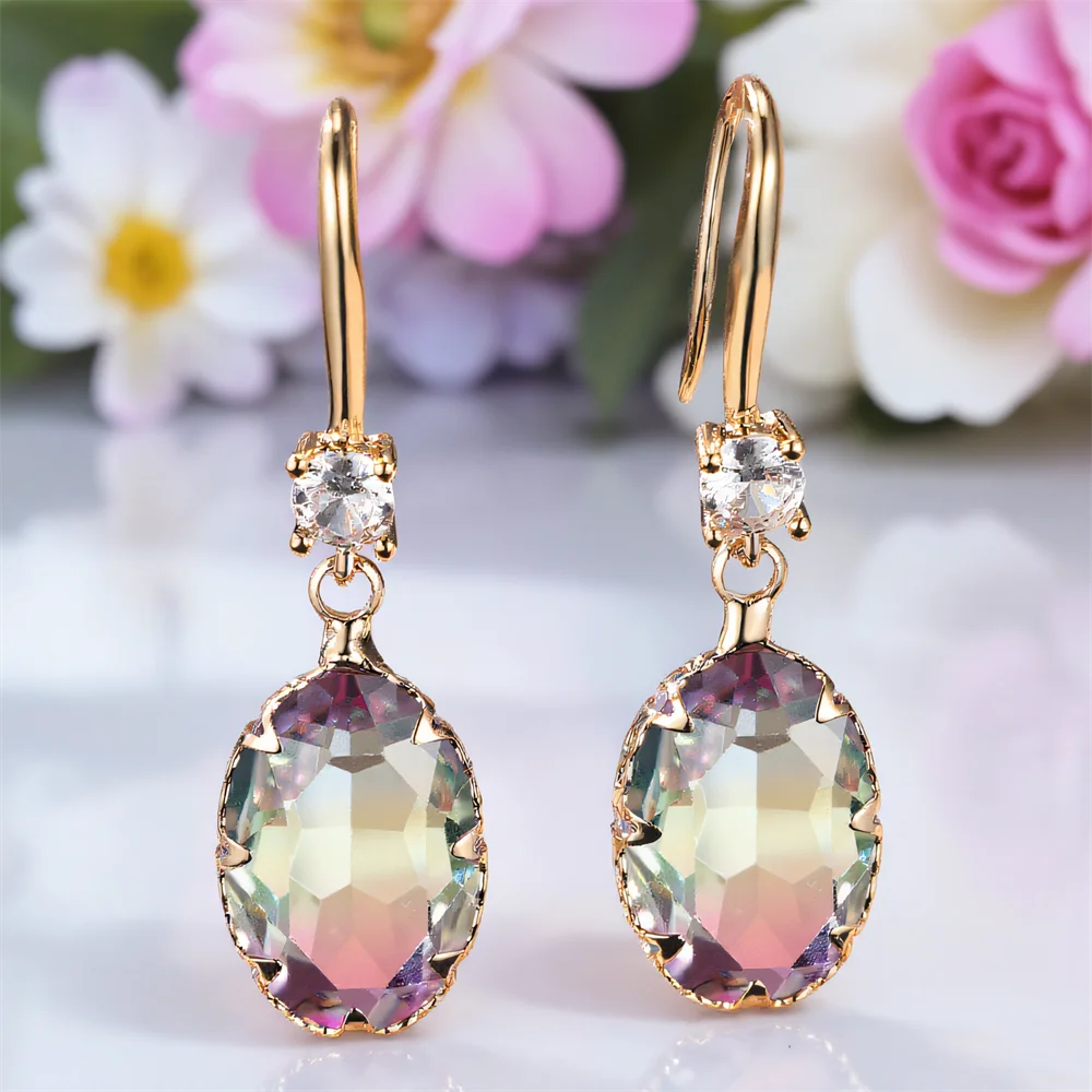 Rainbow Crystal Oval Stone Long Dangle Earrings For Women Vintage Gold Color Multicolor Zircon Drop Earring Wedding Jewelry Gift