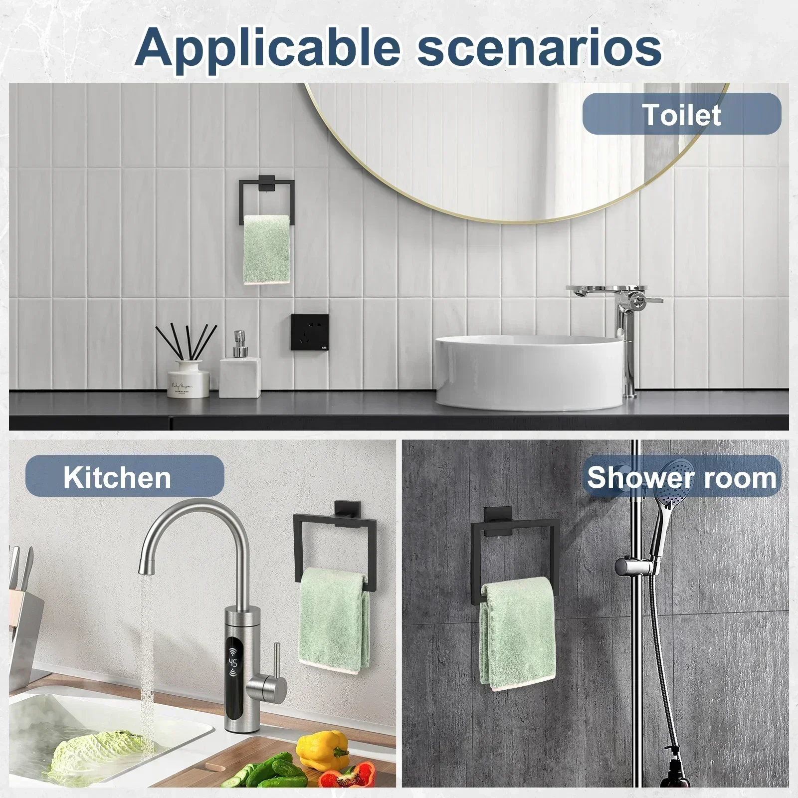 Stainless Steel Towel Ring Wall Mounted Square Towel Holder Hand Hanger Modern Bath Rack for Kitchen Bathroom Toilet