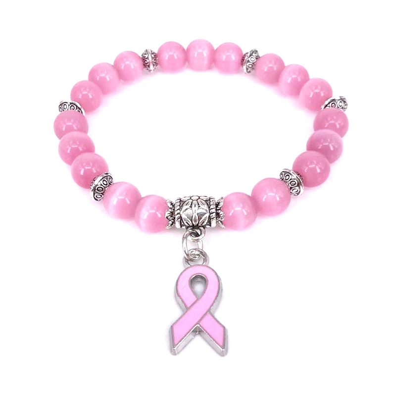 Breast Cancer Awareness Pink Ribbon Charm Bracelet 5 Color Cat Eye Opal 8mm Beads Bracelet B004