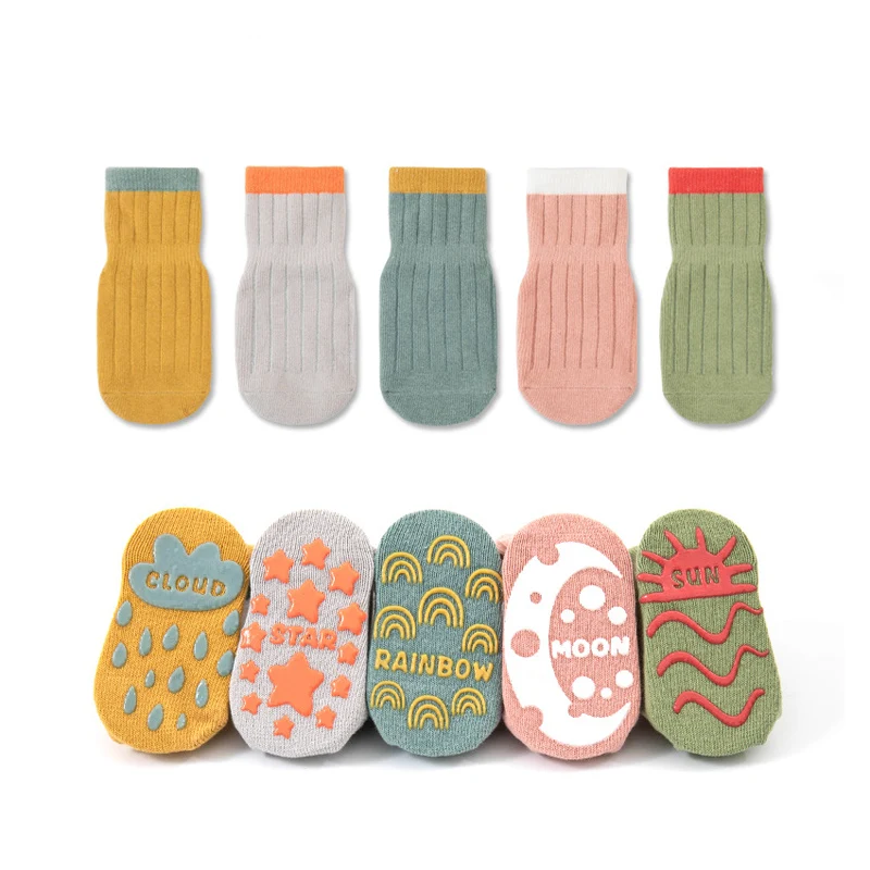 5pairs Casual Cute Knit Floor Socks, Soft Comfortable Breathable Cotton Socks For Toddler Walking Baby Boys And Girls 2