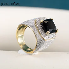 JoiasHome Luxury Gold Color Men Ring With Genuine Black Blue Big Stone Engagement Wedding Party Ring With 925 Sterling Silver