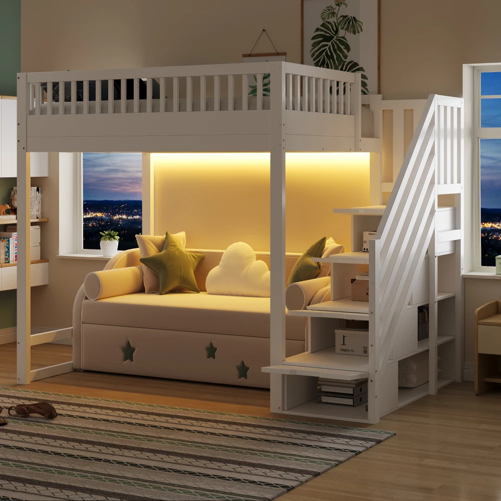 Holz-Etagenbett für Kinder 90x200cm Holzbettgestell mit LED-Lichtleiste Beidseitig Abnehmbare Sicherheitsgeländer Sicheres Kinderbett – Detail 25