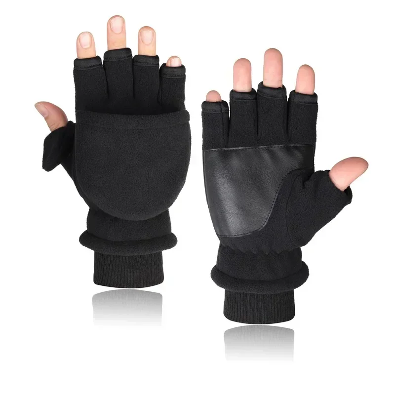 Winter warm Gloves Fingerless Convertible Thermal Mittens Gloves Windproof Polar Fleece Warm men women double-layer Flap Gloves 2