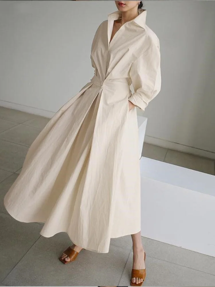 

Summer Women's Dress Fashion Commuter Solid Color Women's Retro Lapel Elastic Waist Shirt Long Sleeve Big Swing Women's Dress