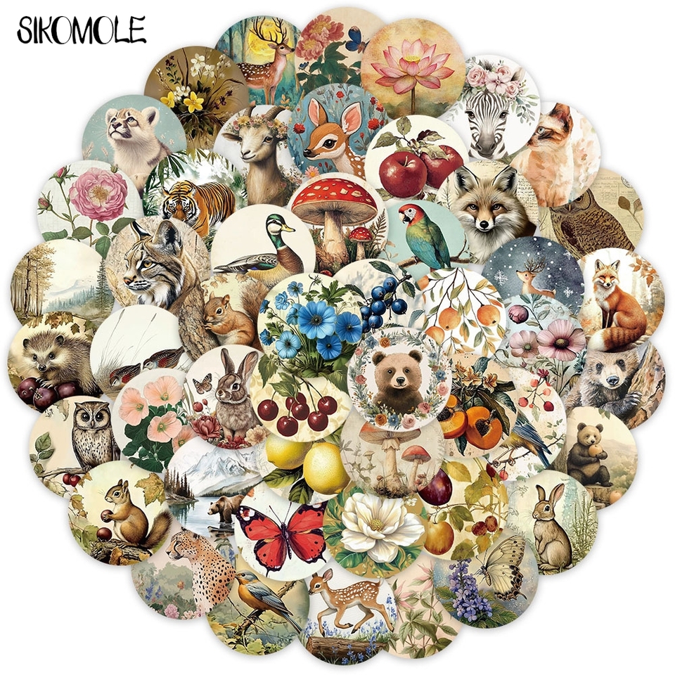 10/30/50PCS Cartoon Retro Animals Plants Stickers Art Aesthetic Kawaii DIY Toy Kid Travel Luggage Fridge Decal Graffiti Sticker