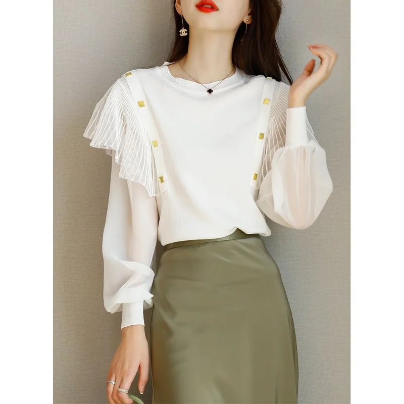 

Casual blouse female 2023 autumn design sense small French side shirt Women autumn perspective splicing pullover blouse female