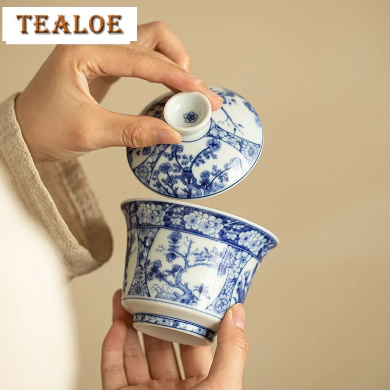 170ml Jingdezhen Antique Blue And White Gaiwan Aesthetic Twelve Gods Of Flowers Tea Tureen Tea Making Cover Bowl Cafes Craft