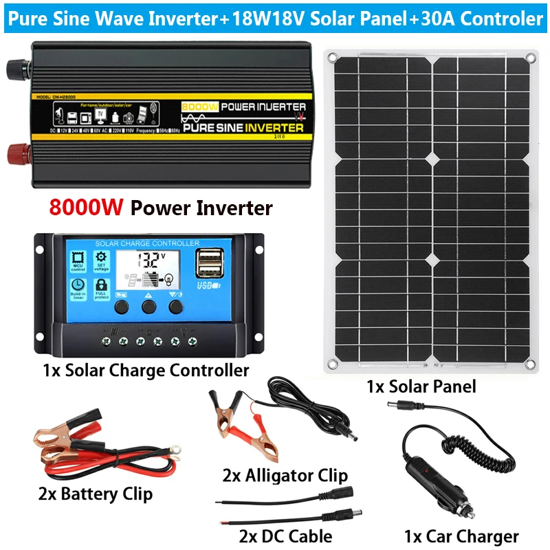 

110V/220V Solar Power System 18W 18V Solar Panel+30A Charge Controller+12V 220V Pure Sine Inverter Complete Power Generation Kit