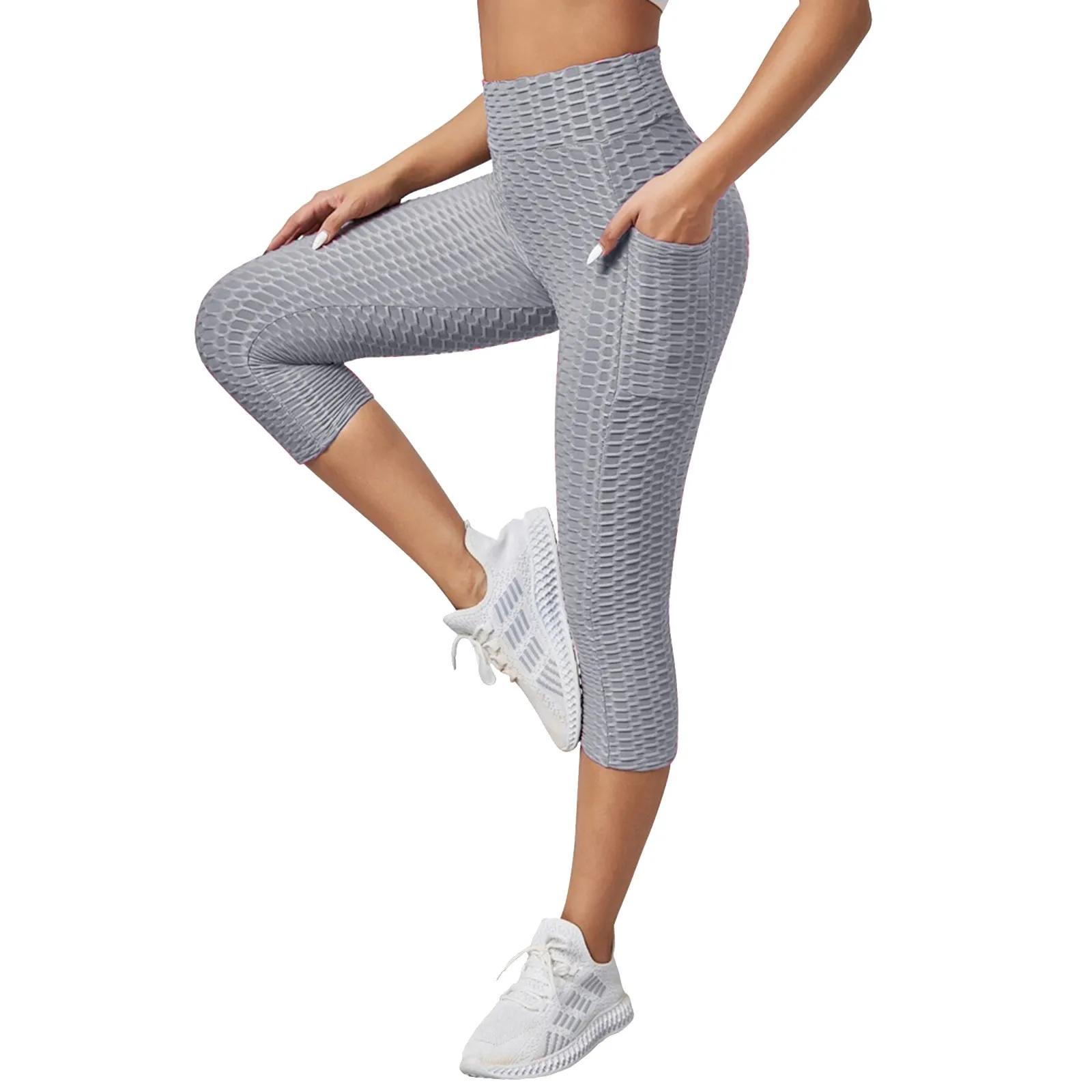 Leggings Women's Pocket Capri 3/4 High Waist Elastic Opaque Sports Long  Yoga Pants for Women