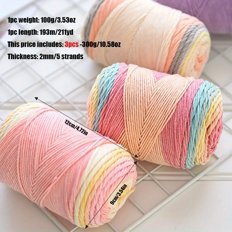 3-Pack 300g/10.58oz Soft & Durable Multicolor Dyed Gradient Cotton Acrylic Blend Yarn for Knitting, Crocheting Sweaters, Scarfs 3