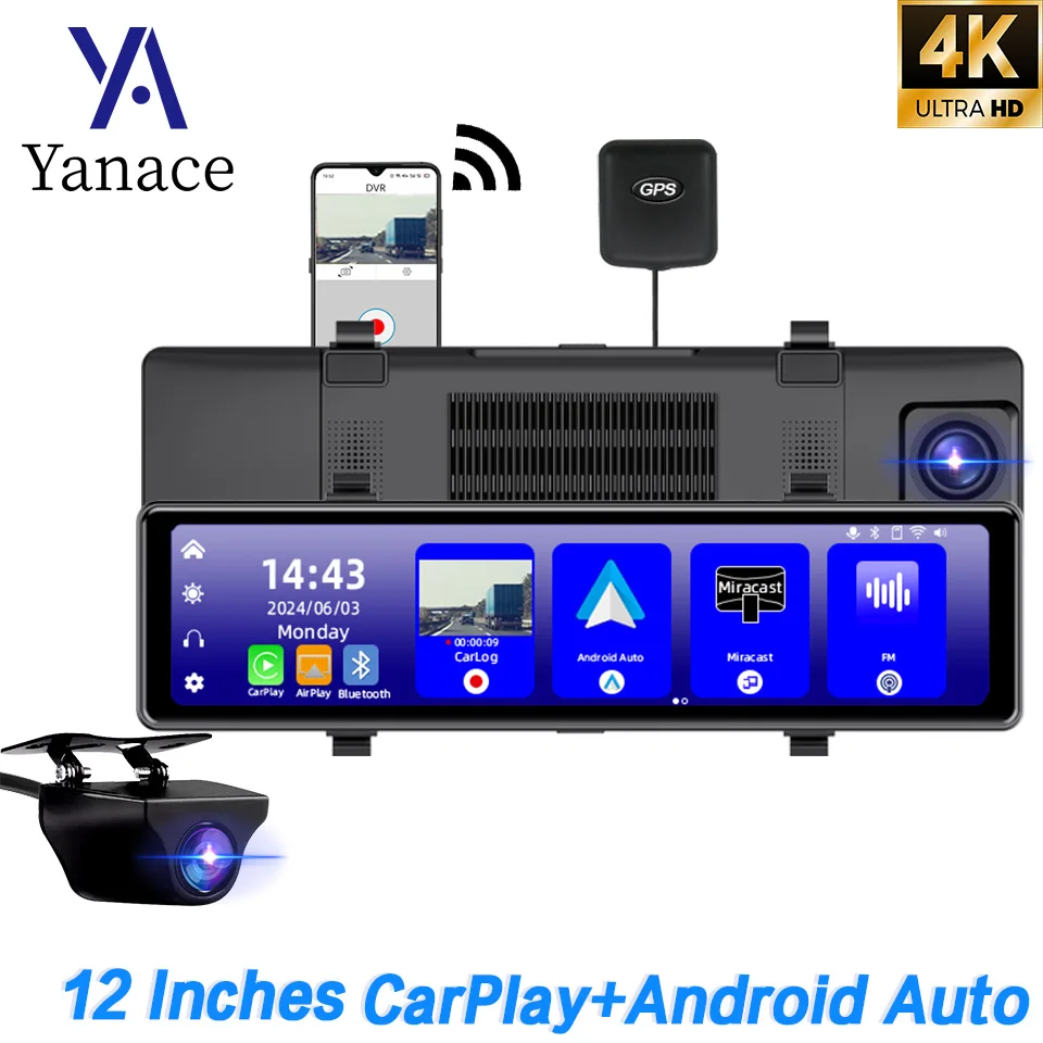 

Видеорегистратор Yanace автомобильный, 12 дюймов, 4K, на Android