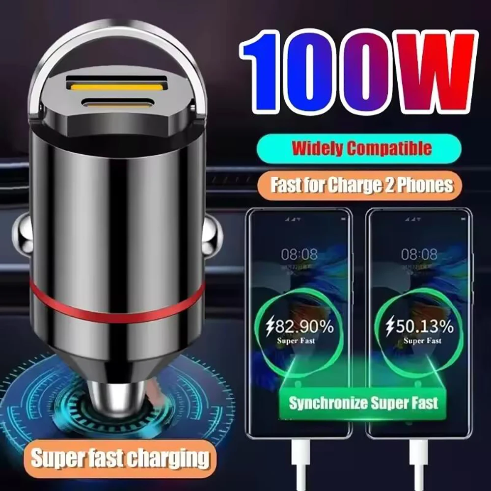 Car Phone Charger 100W Dual Ports USB Car Charger Fast Charging Car Phone Charger Adapter For iPhone Xiaomi Samsung Type C Cigarette Lighter