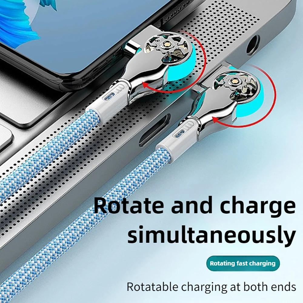 180 Rotatable Fast Charge Cable USB A to Type C Zinc Alloy Braided Cord 3A Data Transfer LED Light for Car Charger Use