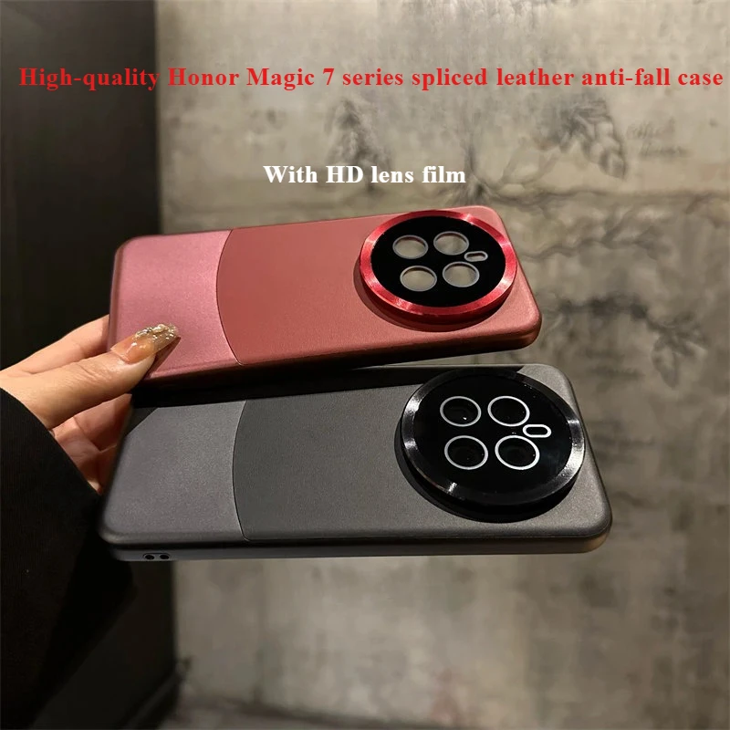 Luxury Plain Leather Stitching Contrast Glass Lens Film Back Cover